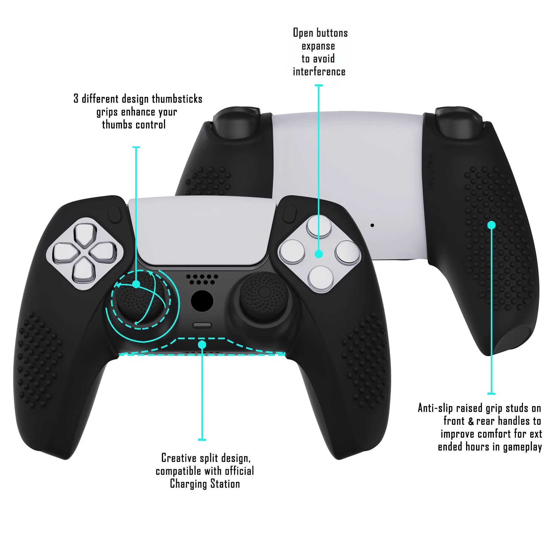 PlayVital 3D Studded Edition Black Ergonomic Soft Controller Silicone Case Grips for PS5, Rubber Protector Skins with 6 Black Thumbstick Caps for PS5 Controller – Compatible with Charging Station - TDPF015