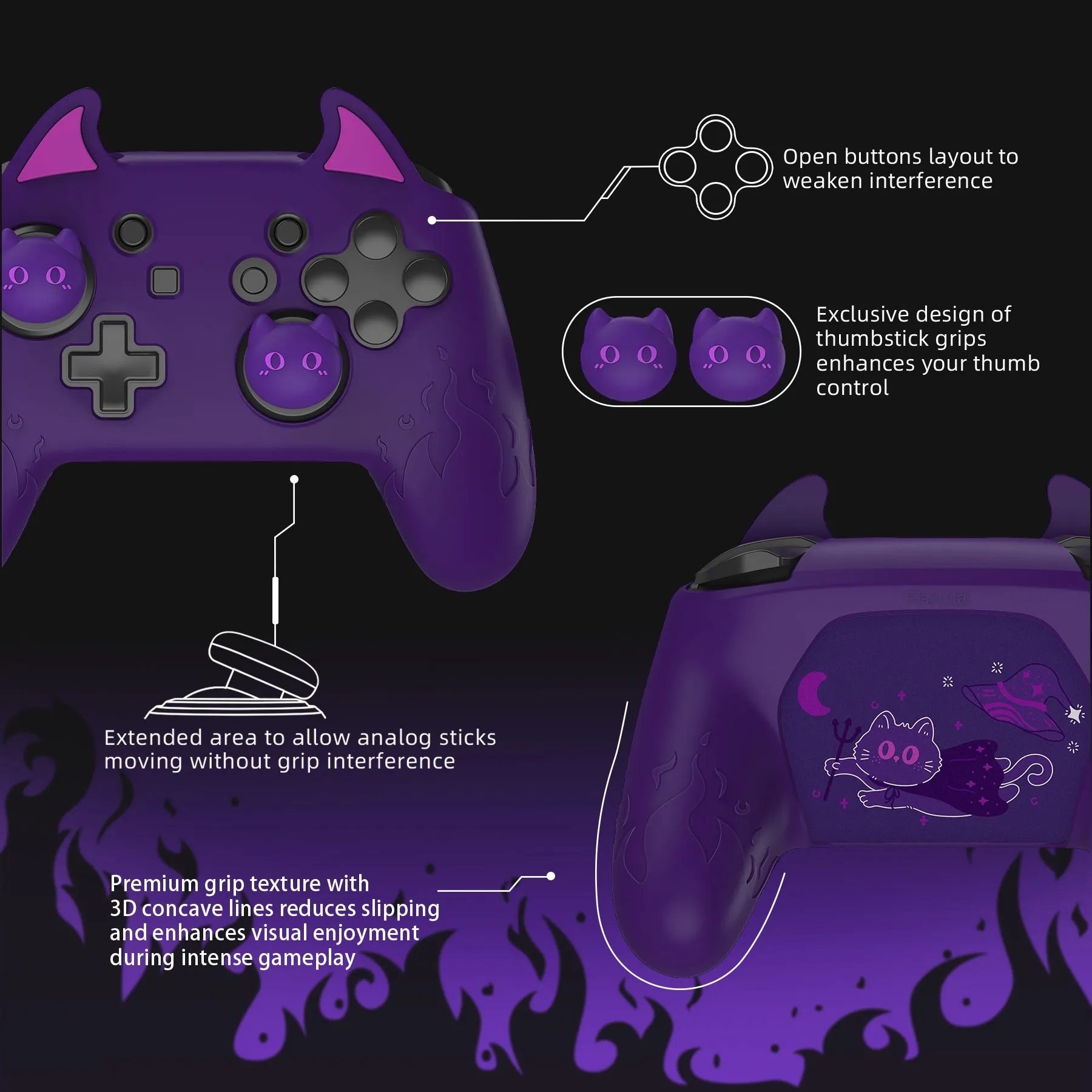 PlayVital Cute Demon Silicone Grip Cover for Nintendo Switch Pro Controller, Anti-Slip Protective Skin with Joystick Caps and Stickers Compatible with Nintendo Switch Pro - Purple - AMDNPP001