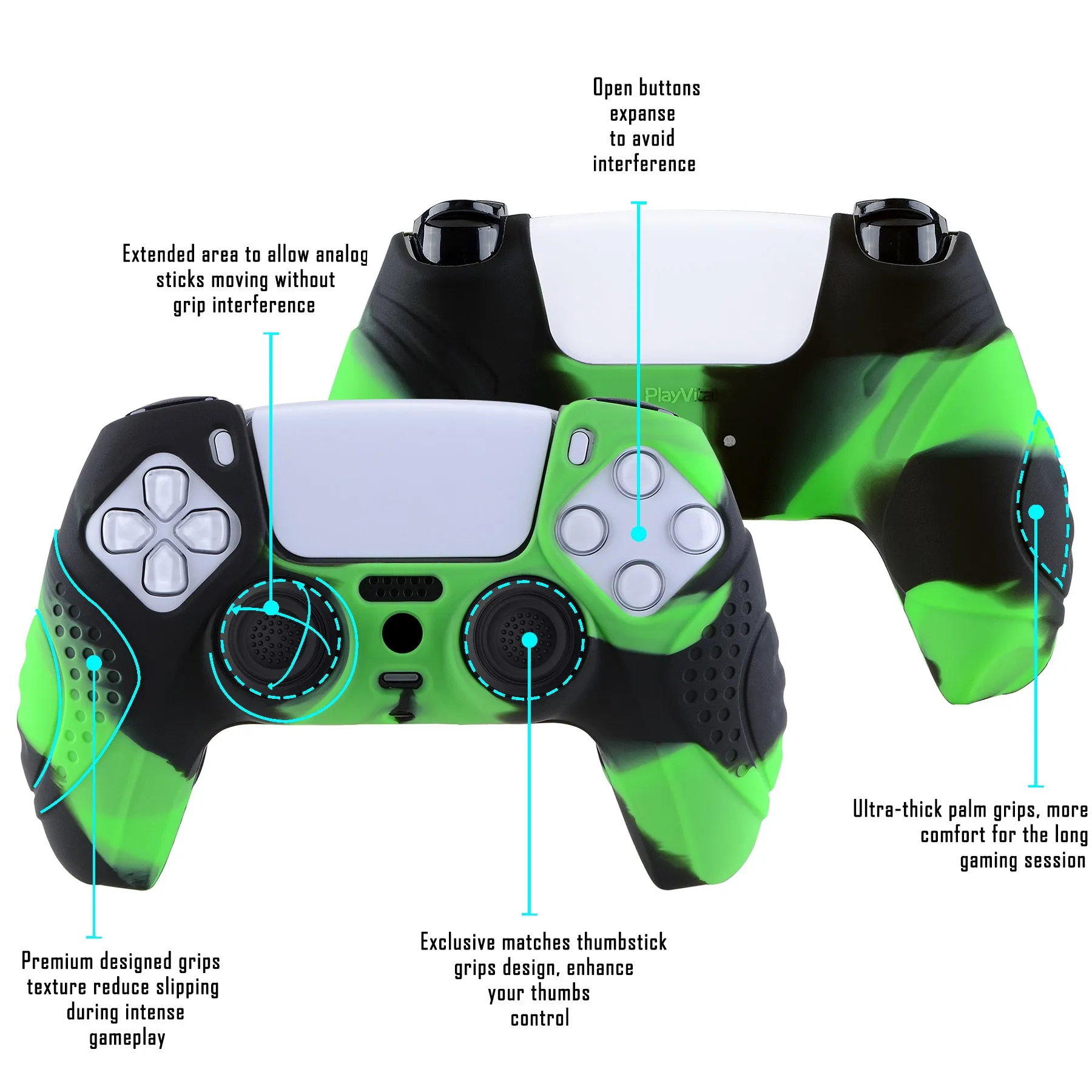 PlayVital Guardian Edition Ergonomic Soft Anti-Slip Controller Silicone Case Cover for ps5, Rubber Protector Skins with Black Joystick Caps for ps5 Controller - Green & Black - YHPF022