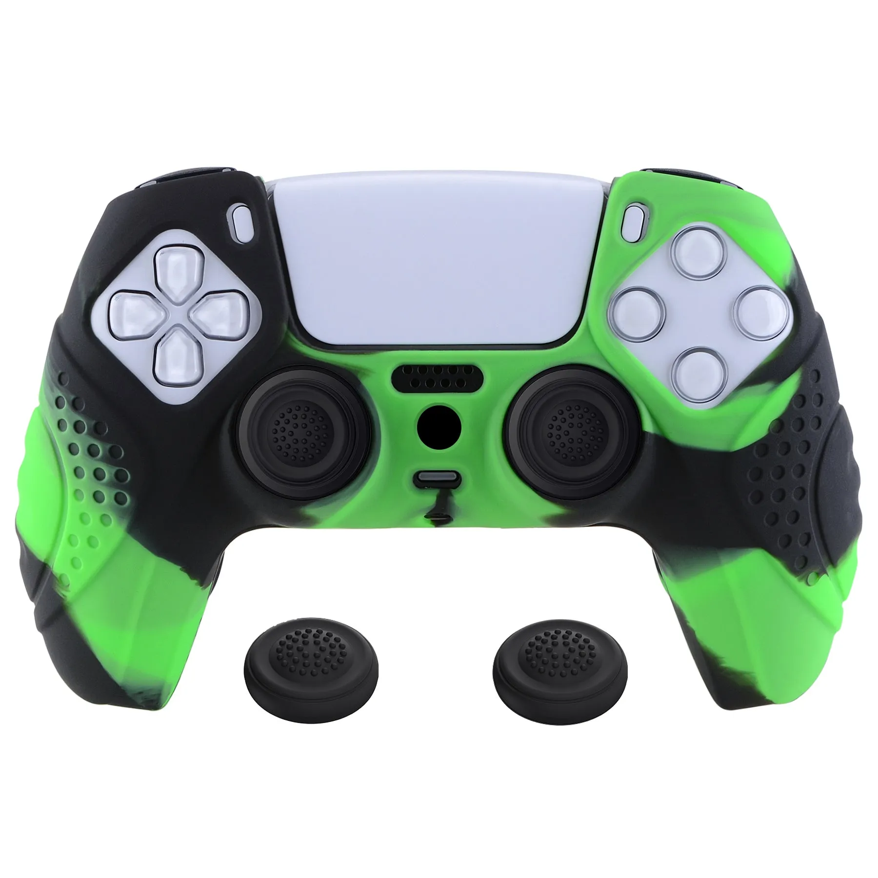 PlayVital Guardian Edition Ergonomic Soft Anti-Slip Controller Silicone Case Cover for ps5, Rubber Protector Skins with Black Joystick Caps for ps5 Controller - Green & Black - YHPF022