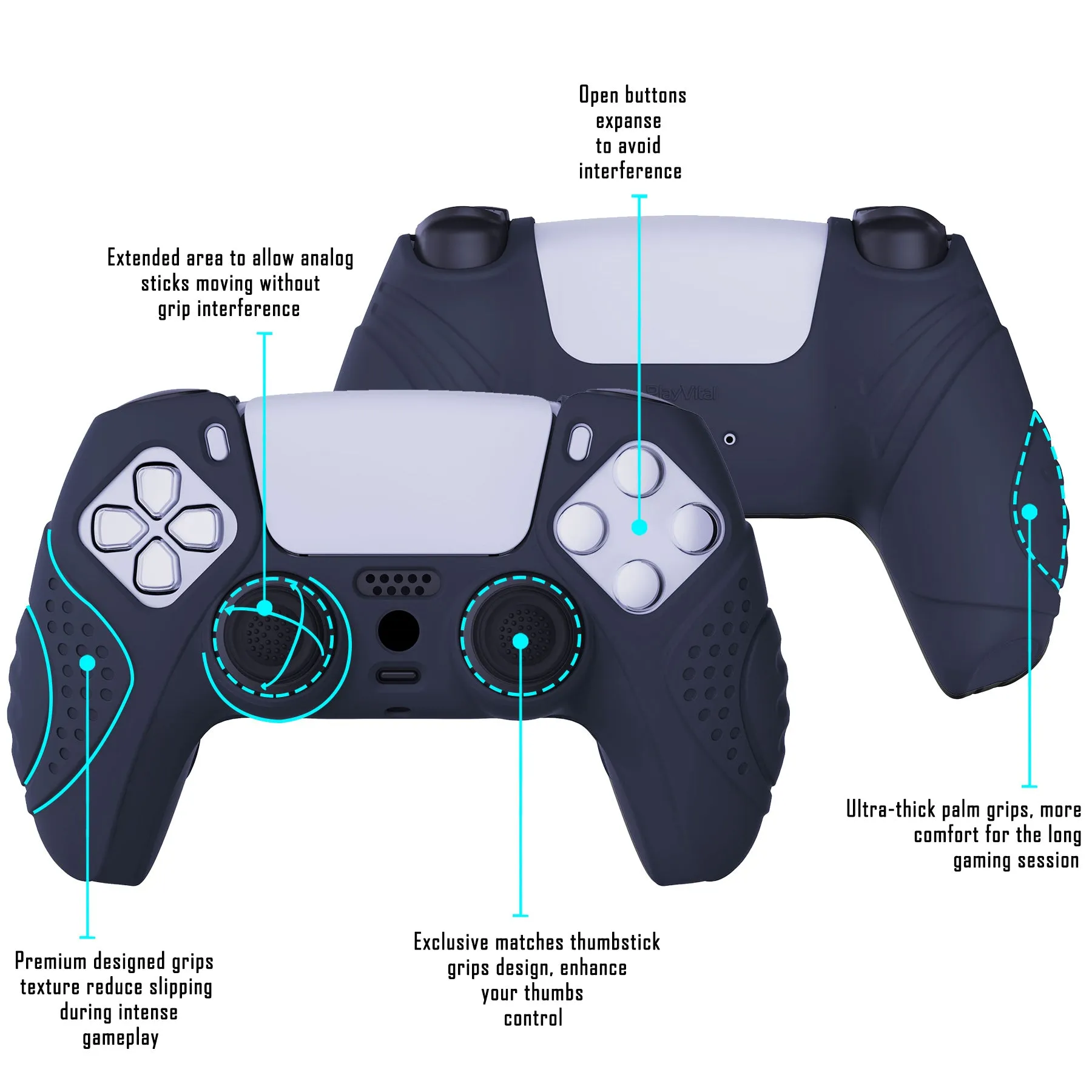 PlayVital Guardian Edition Midnight Blue Ergonomic Soft Anti-slip Controller Silicone Case Cover, Rubber Protector Skins with Black Joystick Caps for PS5 Controller - YHPF003