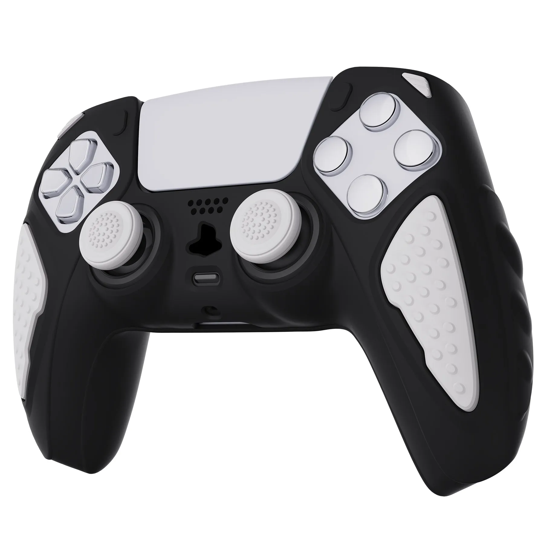 PlayVital Knight Edition Black & White Two Tone Anti-Slip Silicone Cover Skin for Playstation 5 Controller, Soft Rubber Case for PS5 Controller with Thumb Grip Caps - QSPF002