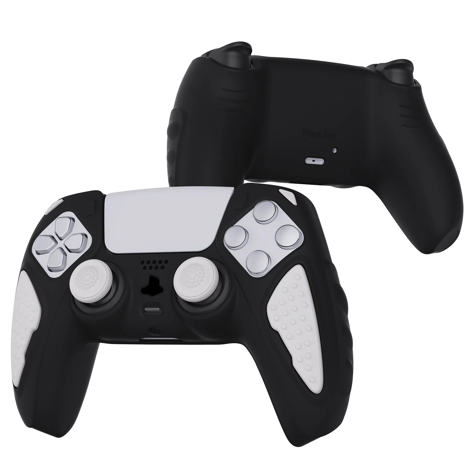 PlayVital Knight Edition Black & White Two Tone Anti-Slip Silicone Cover Skin for Playstation 5 Controller, Soft Rubber Case for PS5 Controller with Thumb Grip Caps - QSPF002