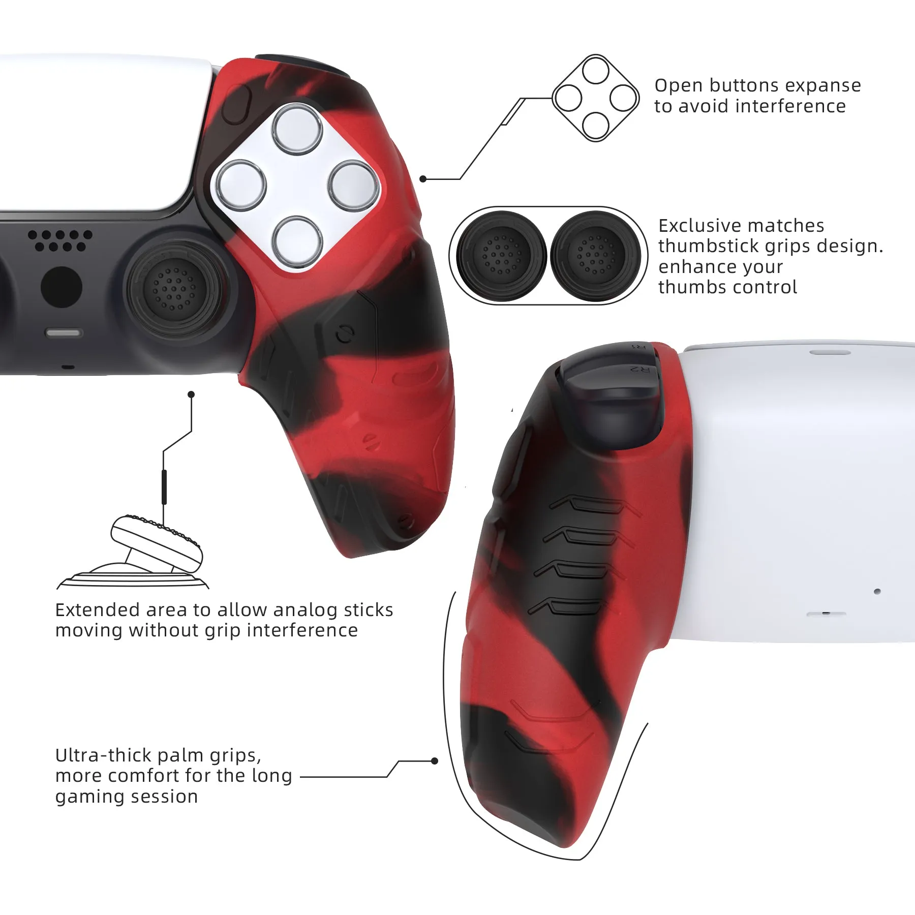 PlayVital Mecha Edition Red & Black Ergonomic Soft Controller Silicone Case Grips for PS5 Controller, Rubber Protector Skins with Thumbstick Caps for PS5 Controller - Compatible with Charging Station - JGPF011