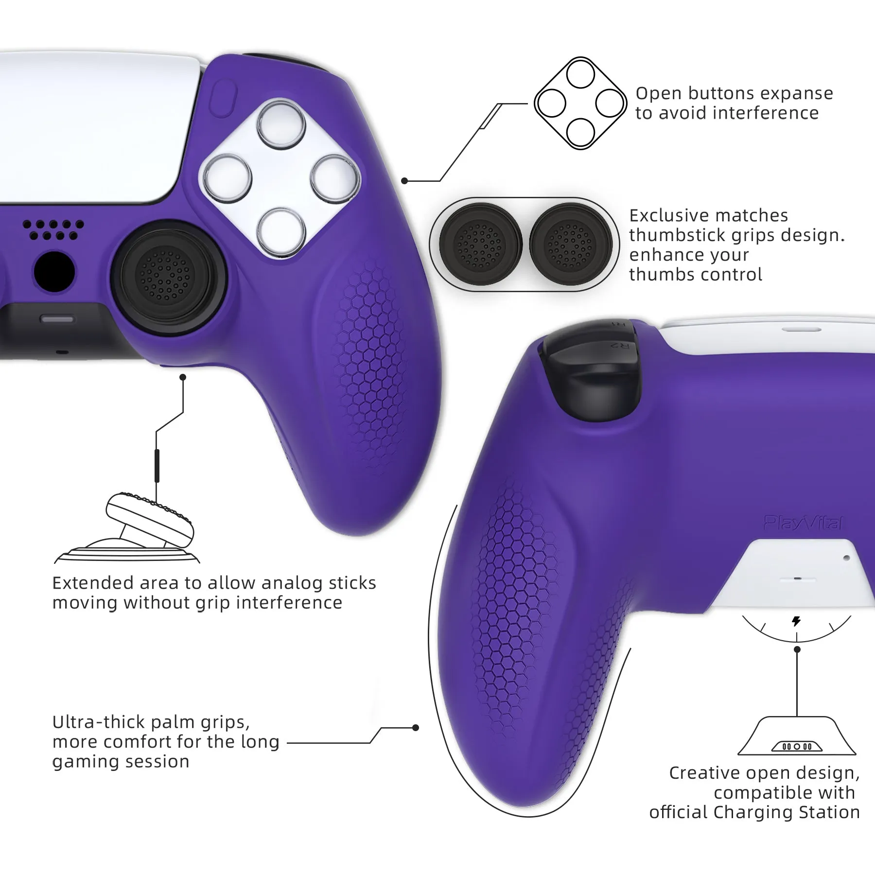 PlayVital Ninja Edition Anti-Slip Silicone Cover Skin for ps5 Wireless Controller, Ergonomic Protector Soft Rubber Case for ps5 Controller Fits with Charging Station with Thumb Grip Caps - Purple - MQRPFP003