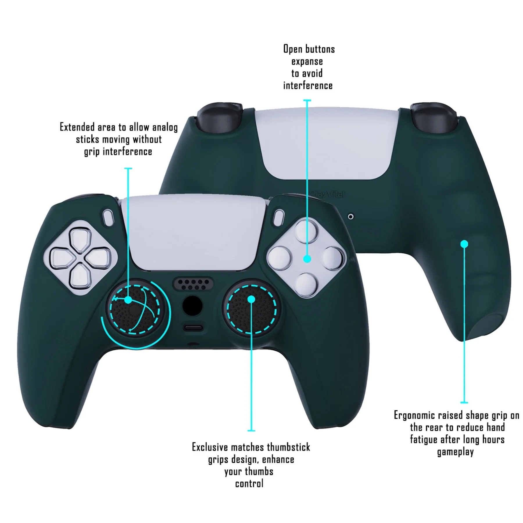 PlayVital Racing Green Pure Series Anti-Slip Silicone Cover Skin for Playstation 5 Controller, Soft Rubber Case for PS5 Controller with Black Thumb Grip Caps - KOPF004