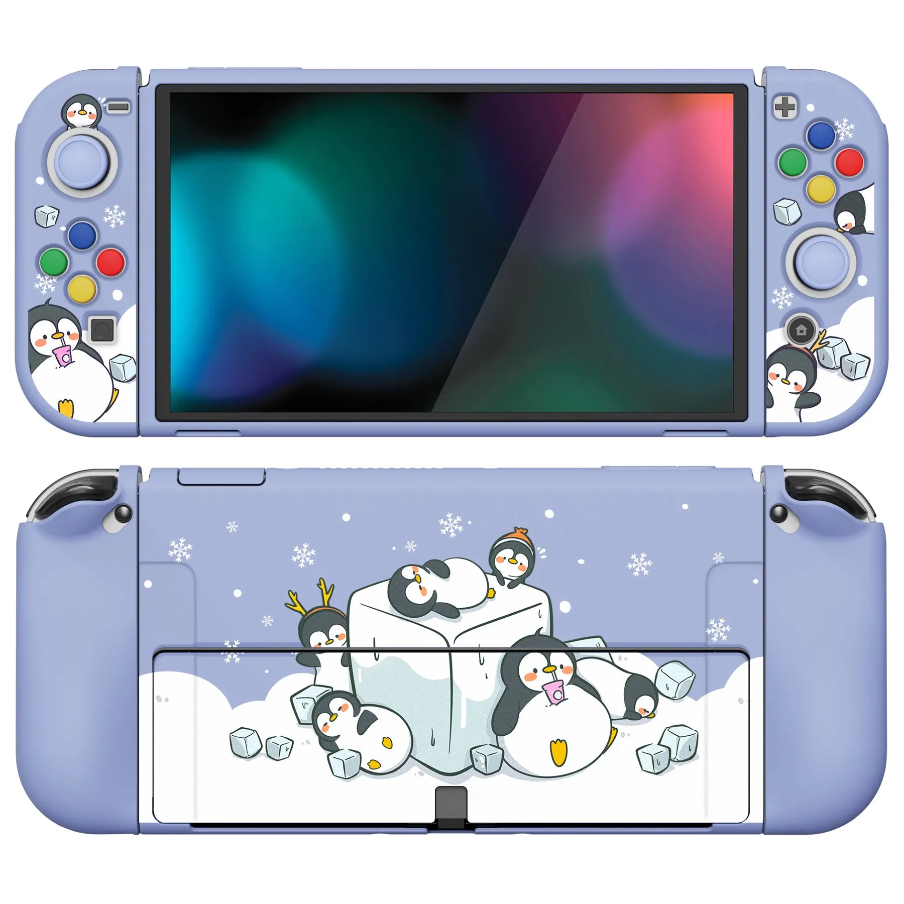 PlayVital ZealProtect Soft Protective Case for Nintendo Switch OLED, Flexible Protector Joycon Grip Cover for Nintendo Switch OLED with Thumb Grip Caps & ABXY Direction Button Caps - ICY Cube Penguin - XSOYV6011