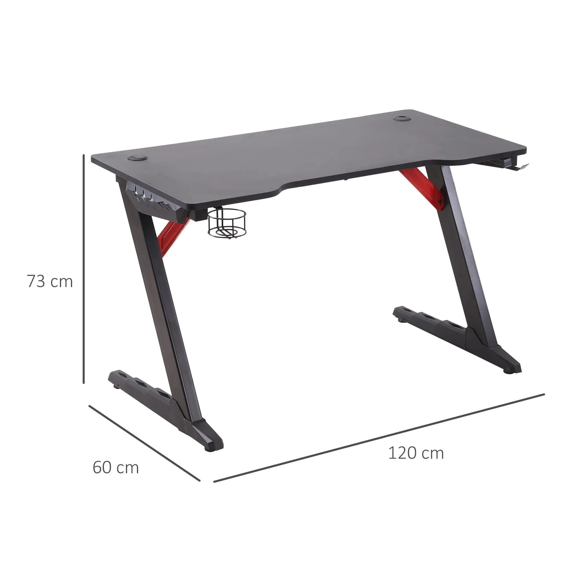 Racing Style Gaming Desk with LED Lights, Z-Shaped Computer Table Workstation with Cup Holder, Headphone Hook and Cable Management Holes for Study, Home Office, Black Holder