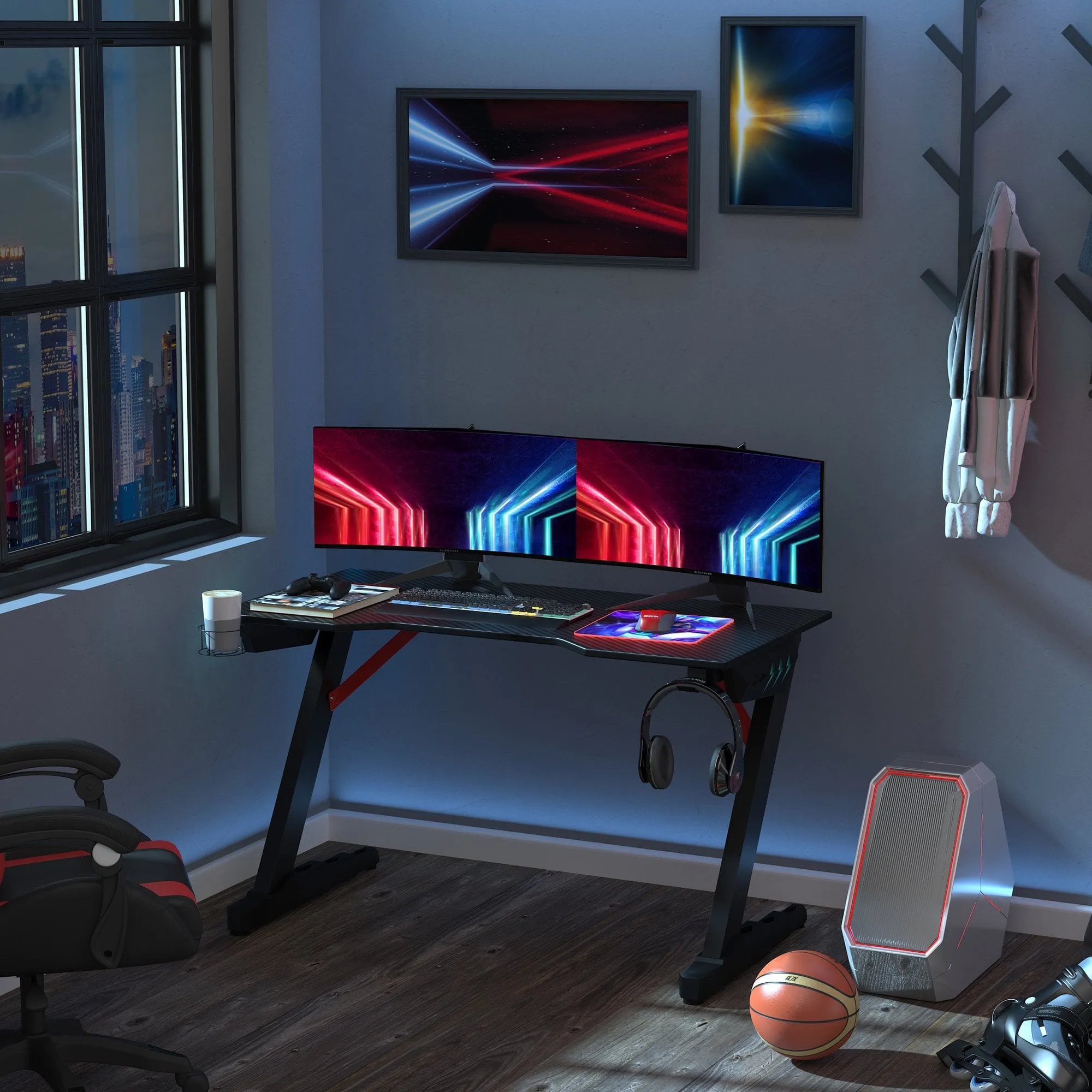 Racing Style Gaming Desk with LED Lights, Z-Shaped Computer Table Workstation with Cup Holder, Headphone Hook and Cable Management Holes for Study, Home Office, Black Holder