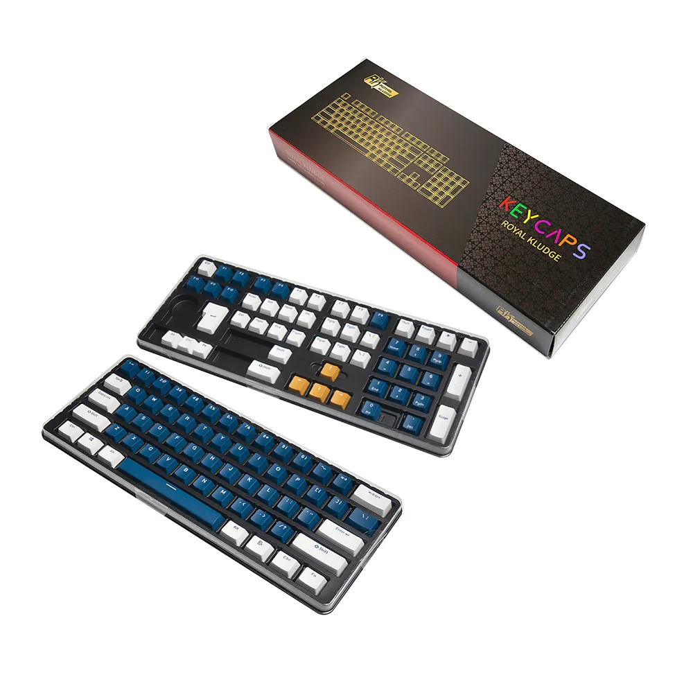 Royal Kludge RK RK-1105 Double Shot PBT Keycaps with IBM 115-Key Standard English and Tricolor Section Layout (White/Blue/Yellow) for Keyboards