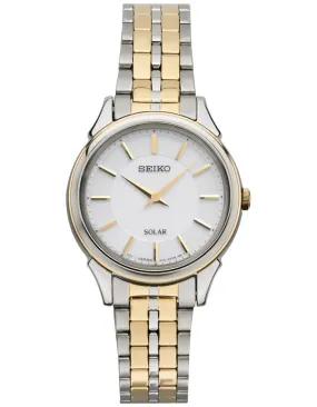 Seiko Solar Ladies Thin Dress Watch - Two-Tone - White Dial - Bracelet