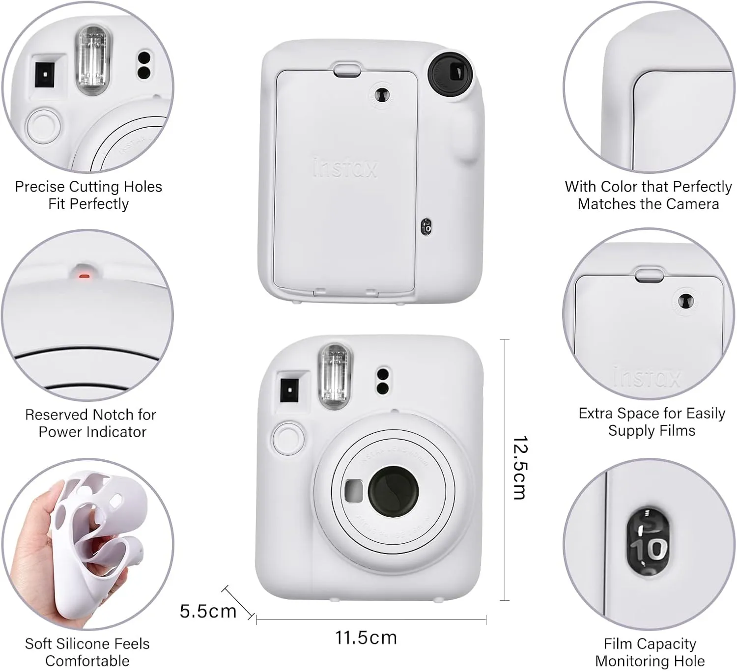 Silicone Case for Fujifilm Instax Mini 12 Instant Camera Case |Soft Protective Camera Cover with Adjustable Shoulder Strap - Clay White