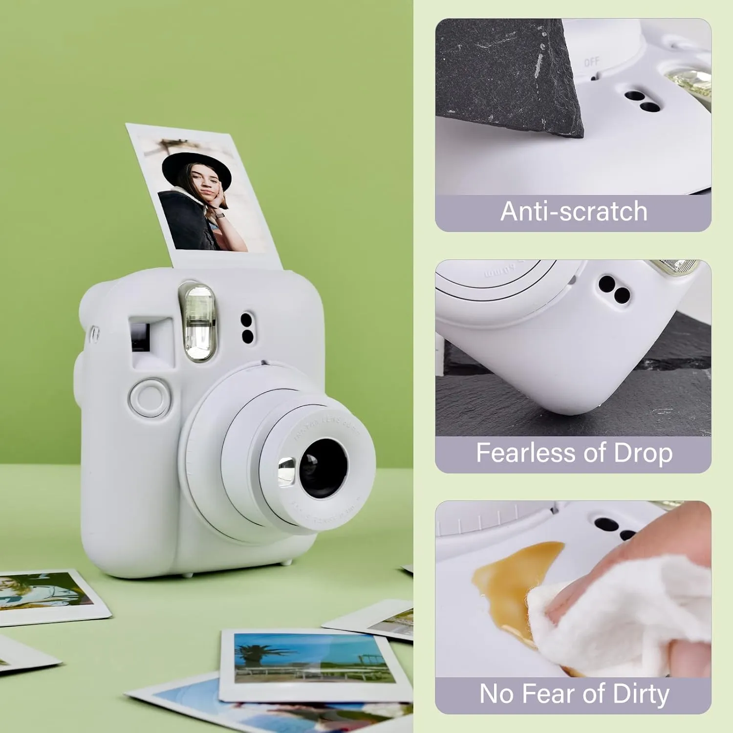 Silicone Case for Fujifilm Instax Mini 12 Instant Camera Case |Soft Protective Camera Cover with Adjustable Shoulder Strap - Clay White