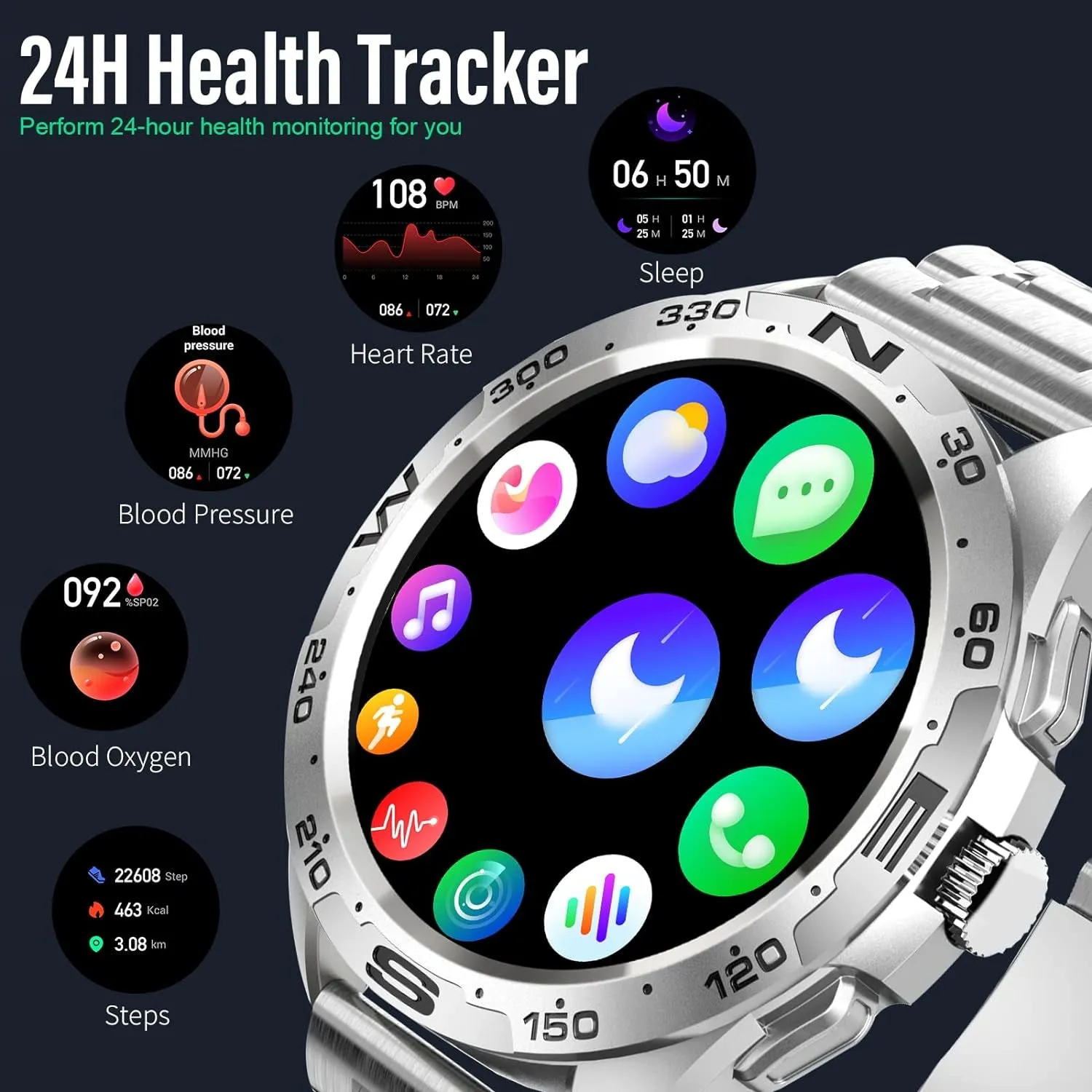 Smart Watch (Make/Answer Call)，Ip67 Waterproof Activity Tracker Watch with Pedometer Blood Pressure Heart Rate Spo2 Sleep Monitor Men Women Sports Smartwatch for Android Ios Phones, Silver