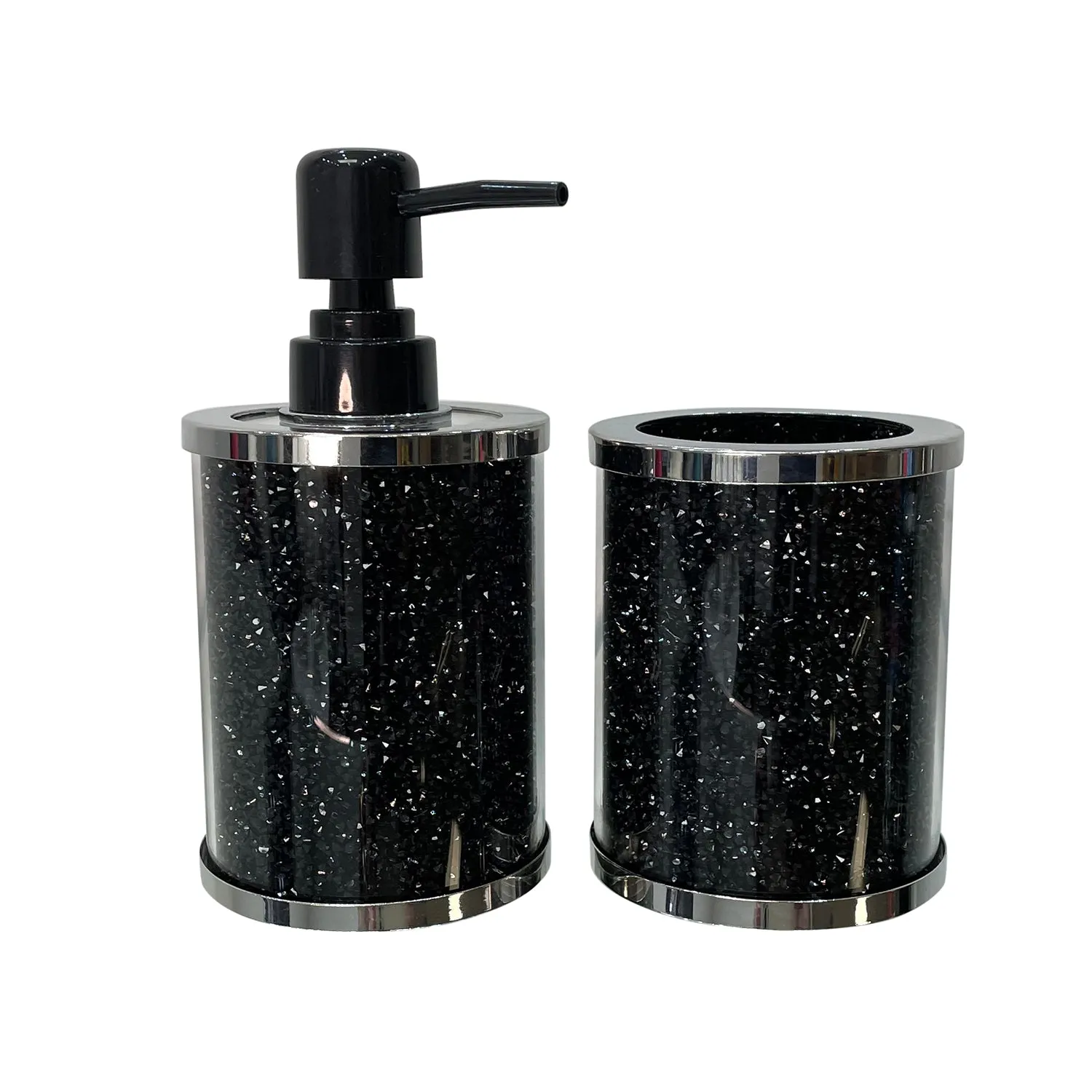 Soap Dispenser and Toothbrush Holder in Gift Box, Black Crushed Diamond Glass