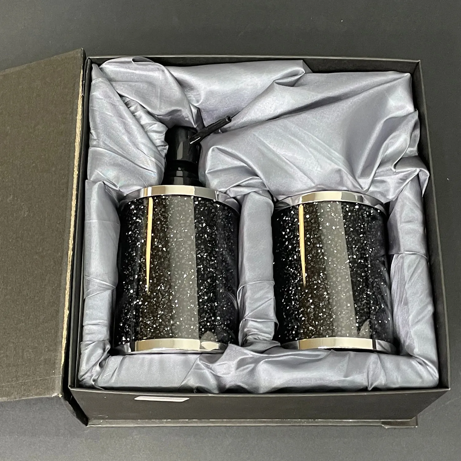 Soap Dispenser and Toothbrush Holder in Gift Box, Black Crushed Diamond Glass