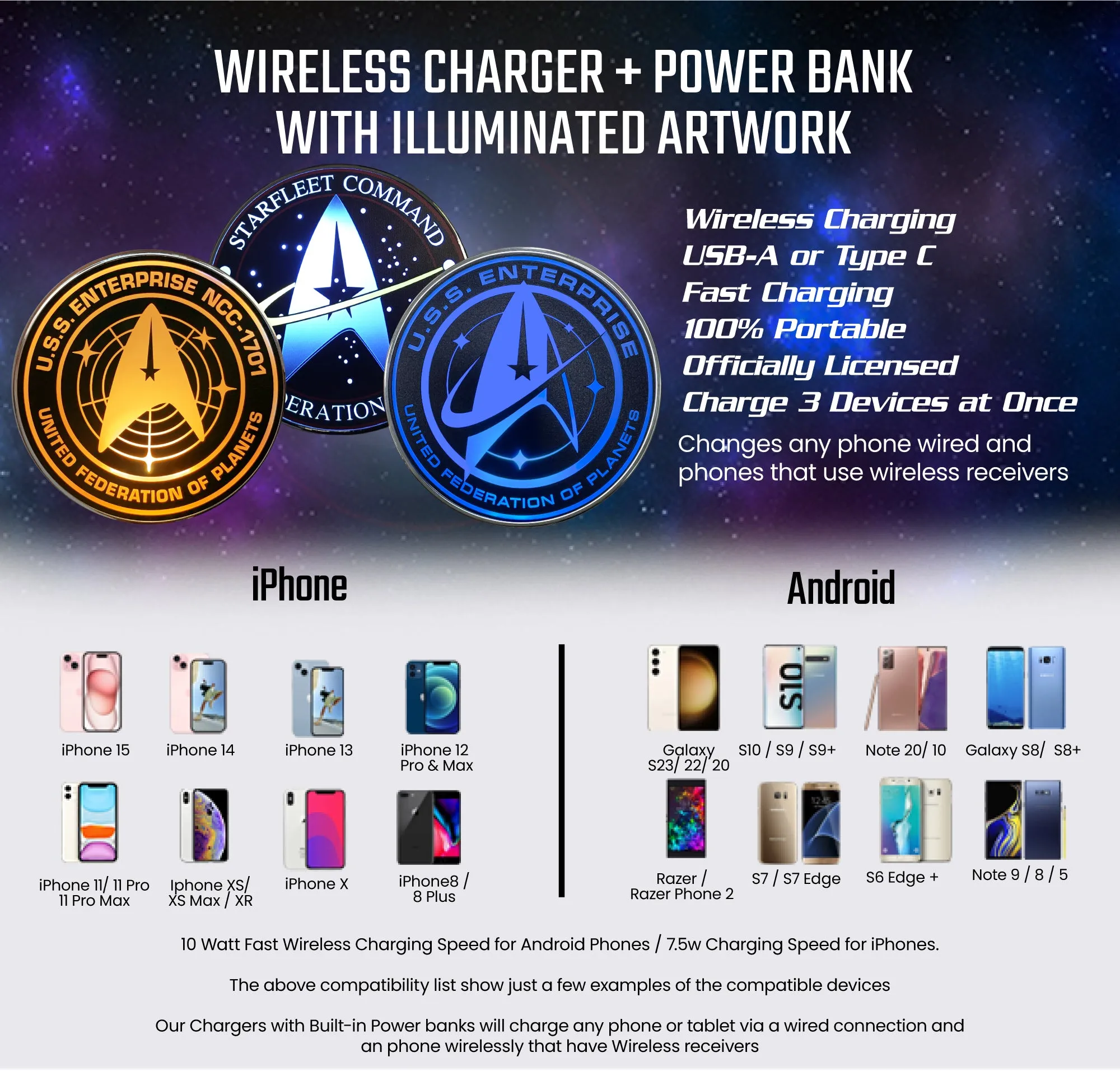 Star Trek Academy Qi Wireless Charger With Illuminated Command Logo & Built-In Power bank