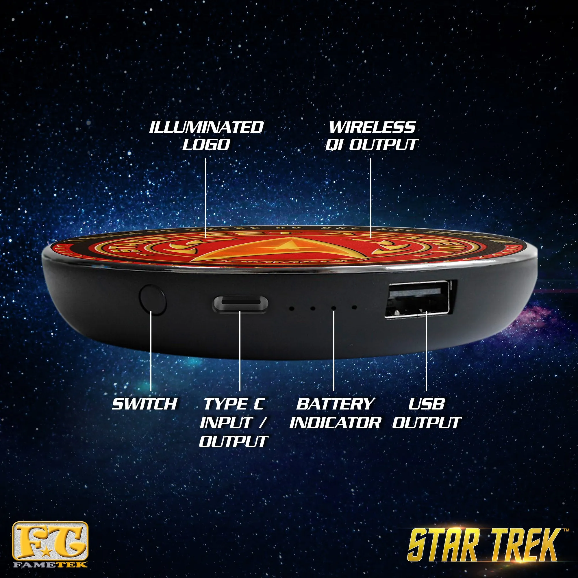 Star Trek Academy Qi Wireless Charger With Illuminated Command Logo & Built-In Power bank