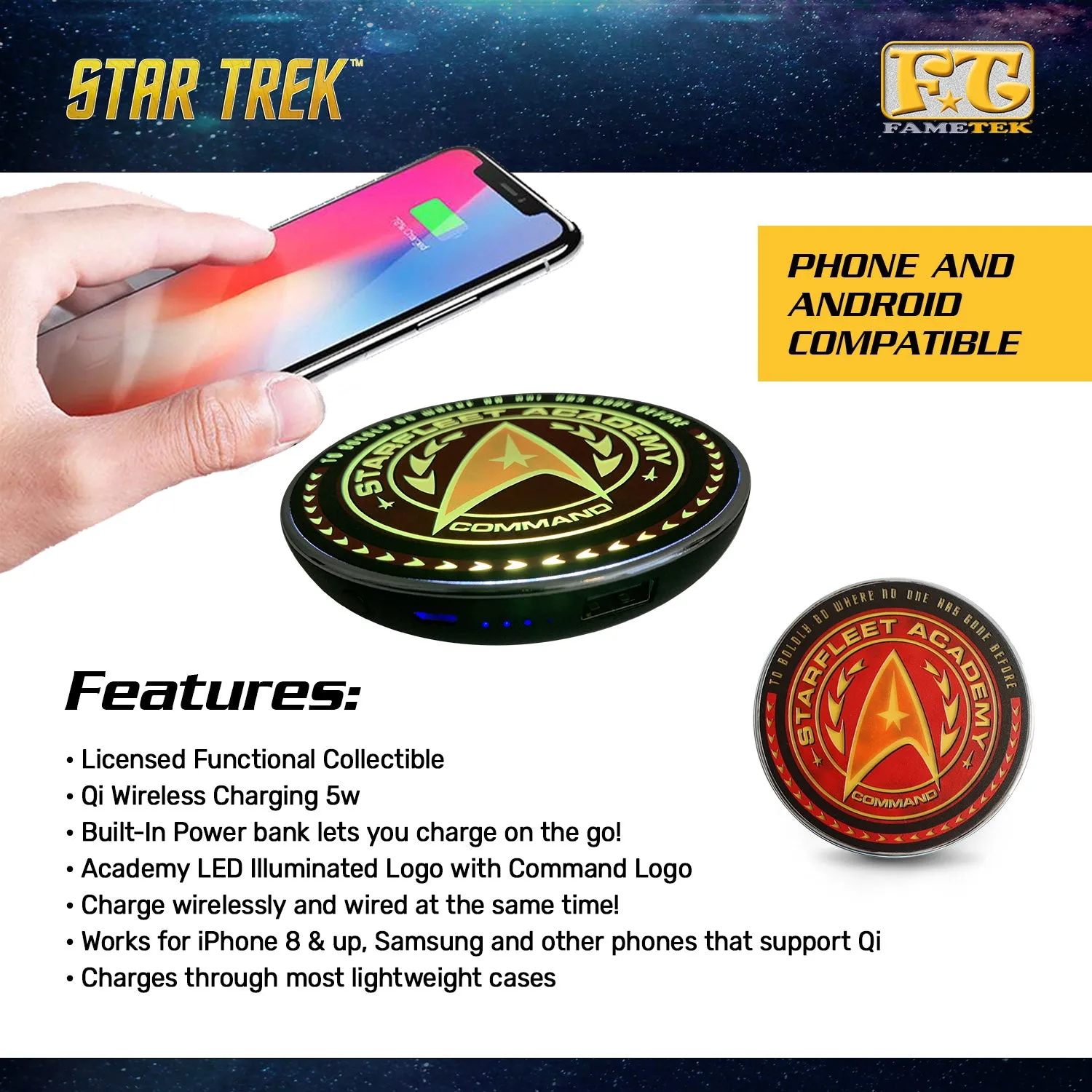 Star Trek Academy Qi Wireless Charger With Illuminated Command Logo & Built-In Power bank