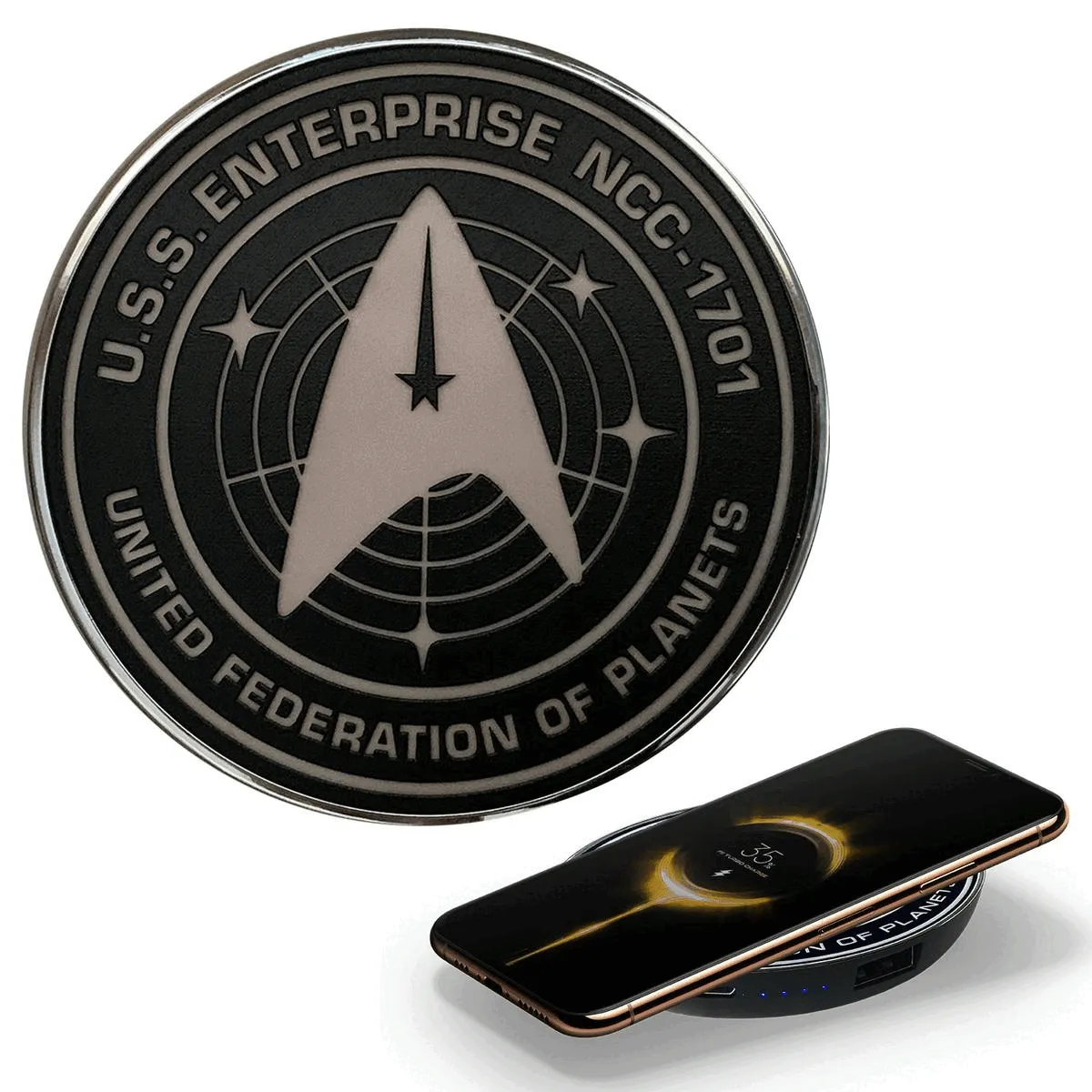 Star Trek Strange New Worlds Qi Wireless Charger With Illuminated Orange ENTERPRISE Emblem & Built-In Power Bank