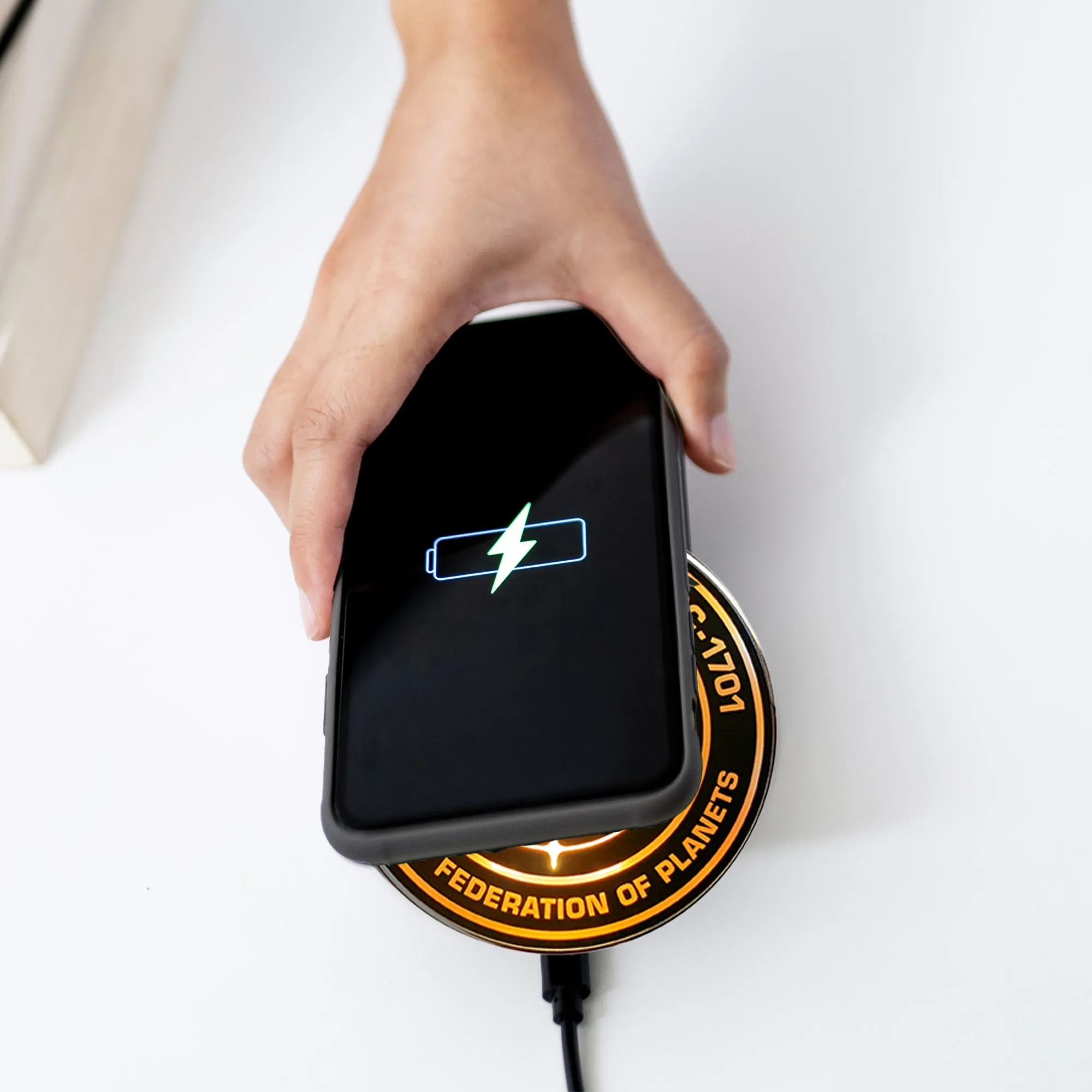 Star Trek Strange New Worlds Qi Wireless Charger With Illuminated Orange ENTERPRISE Emblem & Built-In Power Bank