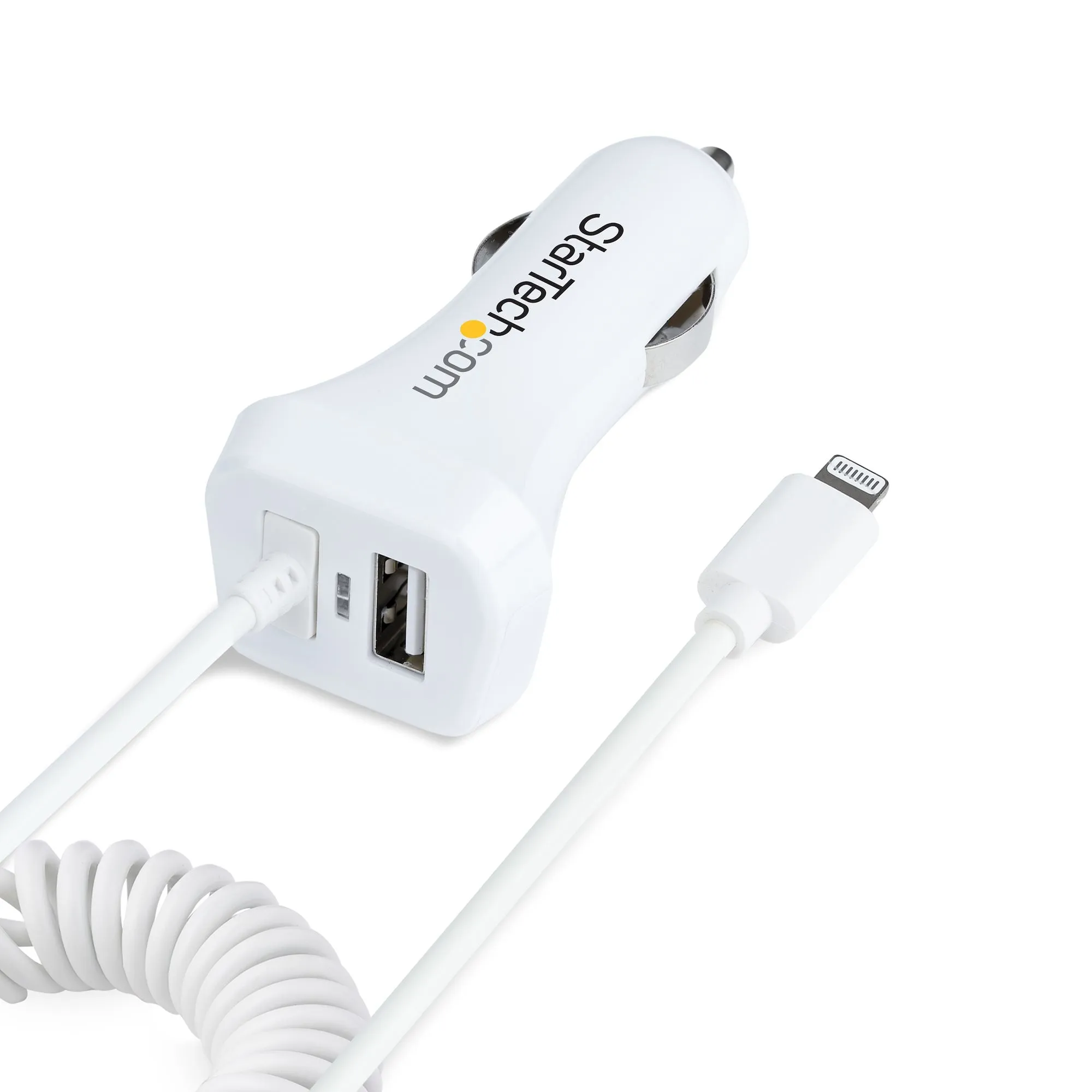 Startech.Com Lightning Car Charger With 1M Coiled Lightning Cable, 12W, White, 2 Port Usb Car Charger Adapter For Phones