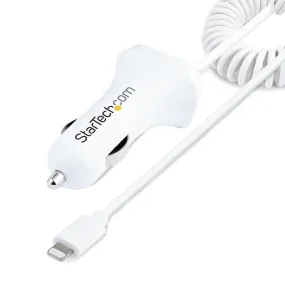 Startech.Com Lightning Car Charger With 1M Coiled Lightning Cable, 12W, White, 2 Port Usb Car Charger Adapter For Phones