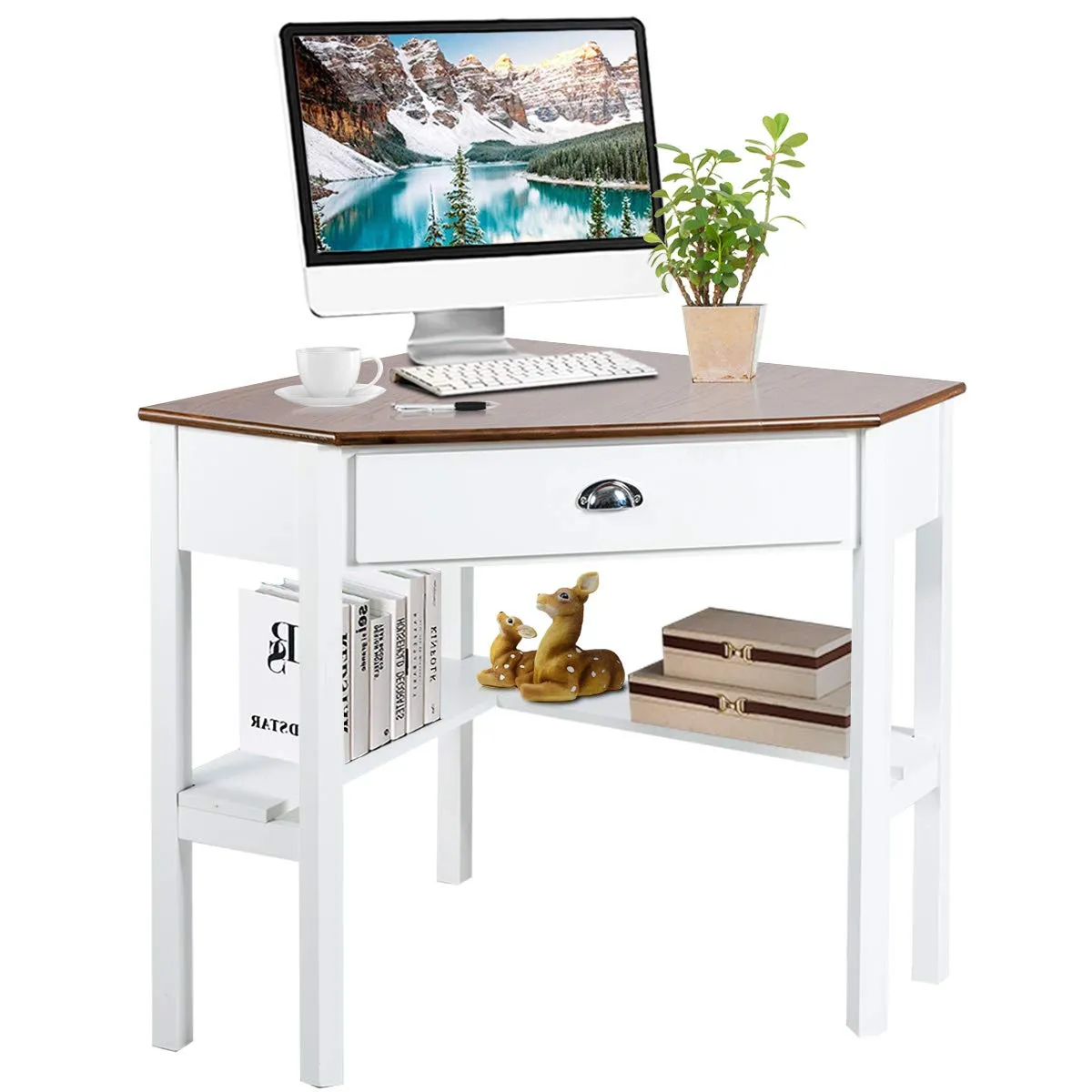 Tangkula White Corner Desk, Corner Computer Desk with Smooth Keyboard Tray for Small Space