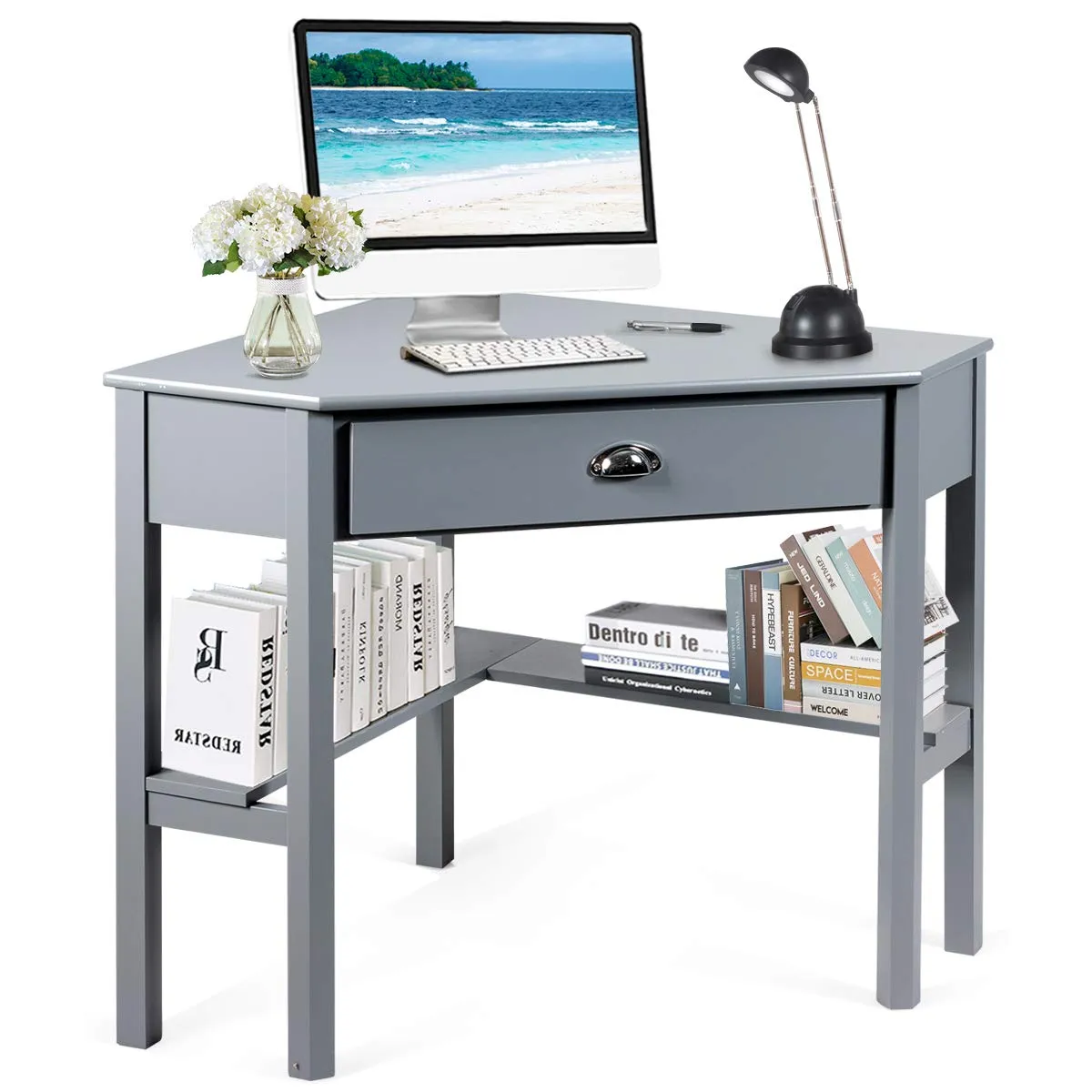 Tangkula White Corner Desk, Corner Computer Desk with Smooth Keyboard Tray for Small Space