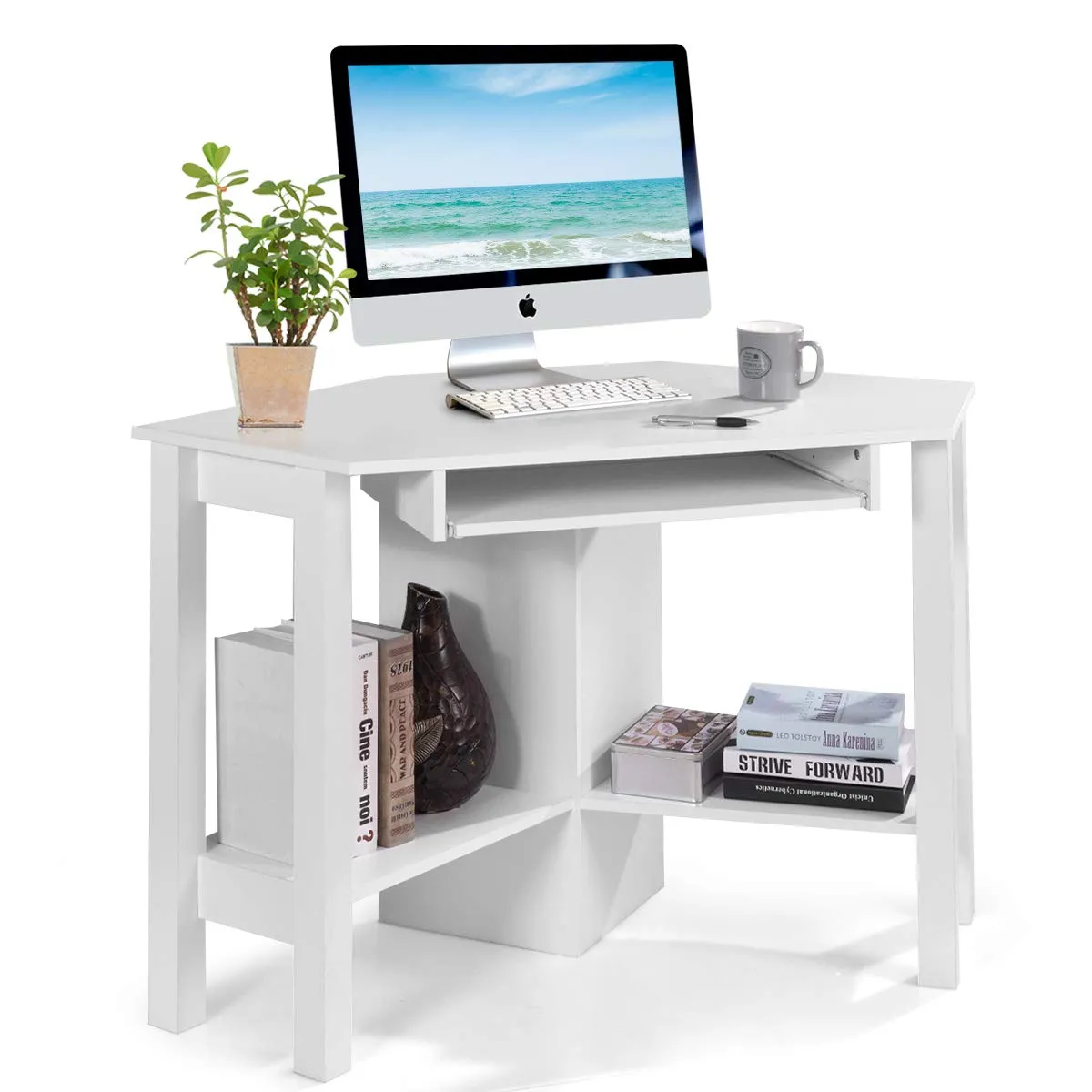 Tangkula White Corner Desk, Corner Computer Desk with Smooth Keyboard Tray for Small Space