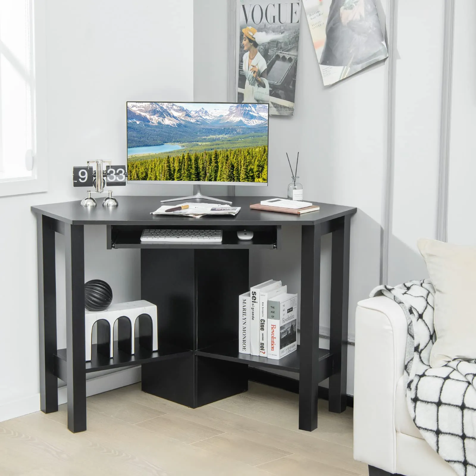 Tangkula White Corner Desk, Corner Computer Desk with Smooth Keyboard Tray for Small Space