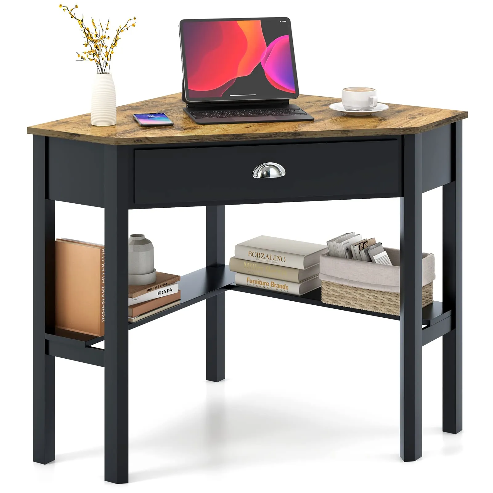 Tangkula White Corner Desk, Corner Computer Desk with Smooth Keyboard Tray for Small Space