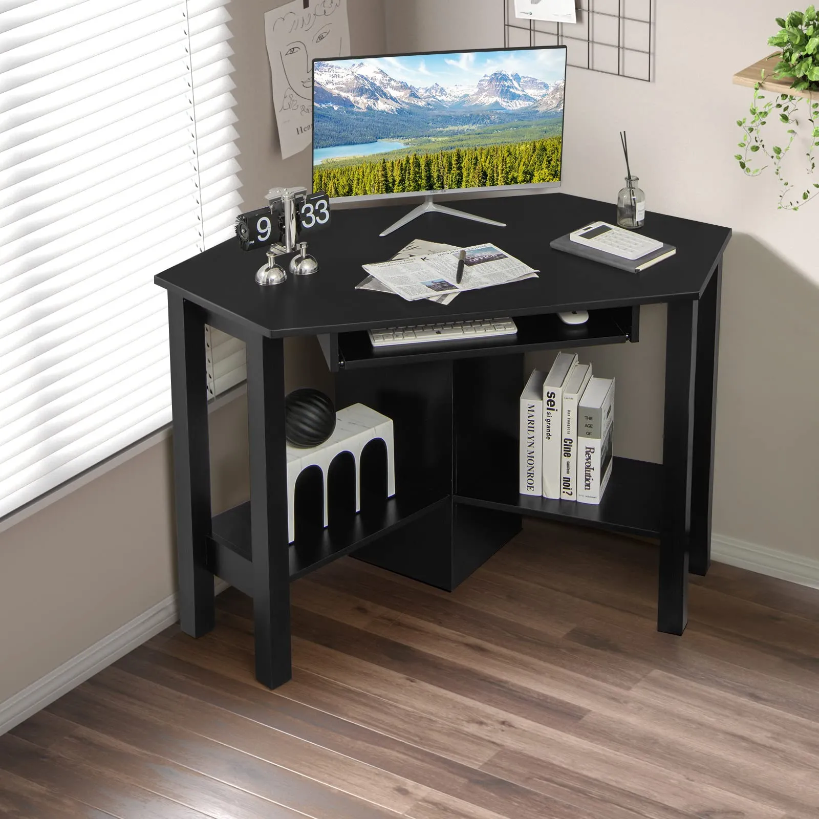 Tangkula White Corner Desk, Corner Computer Desk with Smooth Keyboard Tray for Small Space