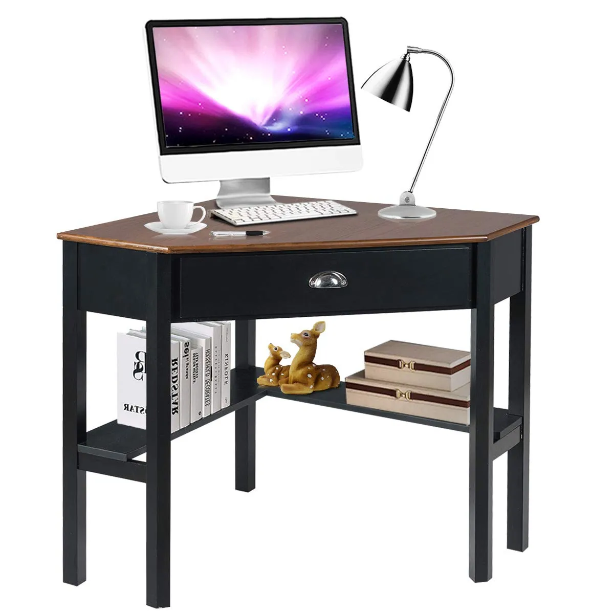 Tangkula White Corner Desk, Corner Computer Desk with Smooth Keyboard Tray for Small Space