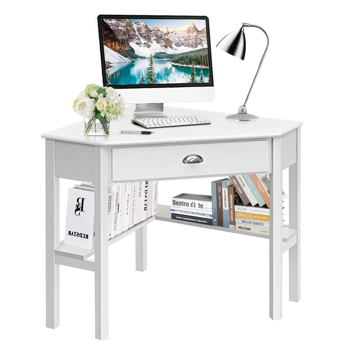 Tangkula White Corner Desk, Corner Computer Desk with Smooth Keyboard Tray for Small Space