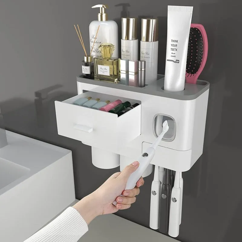 Toothbrush Holders For Bathrooms, Toothbrush Holder Wall Mounted With Toothpaste Dispenser, Large Capacity Tray, Cosmetic Drawer And Brush Slots With Cover Tooth Brush Holder