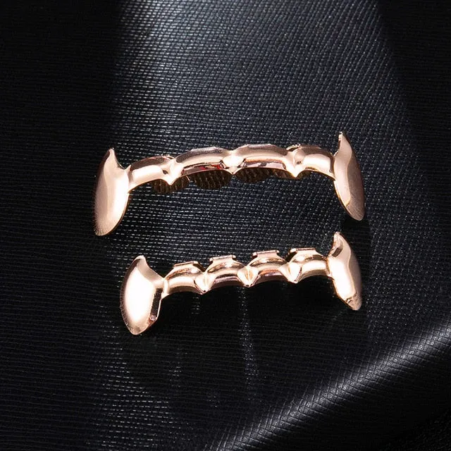 US7 Fang Grillz Set Gold Color Plated Half Teeth Dracula Vampire Fangs Slim Grills Gold Top & Bottom Grillz Teeth Set