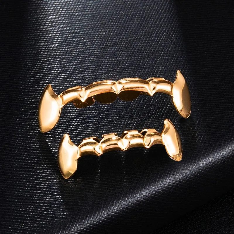 US7 Fang Grillz Set Gold Color Plated Half Teeth Dracula Vampire Fangs Slim Grills Gold Top & Bottom Grillz Teeth Set