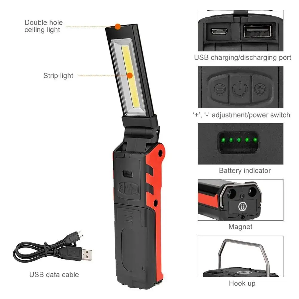 Versatile Dimmable COB LED Work Light - USB Rechargeable Inspection Lamp with Magnetic Hook & 2300mAh Power Bank Battery