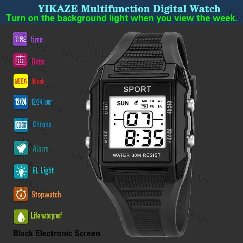 YIKAZE Military Sports Watches Electronic Men Watch Retro Men's Digital Watch Alarm Chrono Clock 3Bar Waterproof Wristwatch